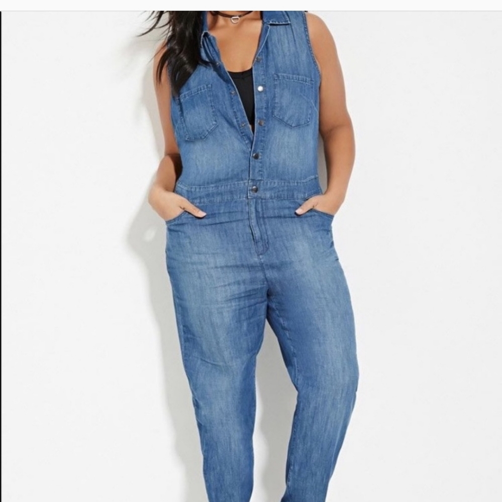 FOREVER 21 NEW DENIM SLEEVELESS ALL IN ONE PLUS SIZE JUMPSUIT 3X